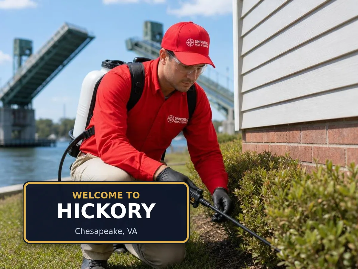 Universal Pest & Termite technician treating a home in the Hickory neighborhood of Chesapeake, VA