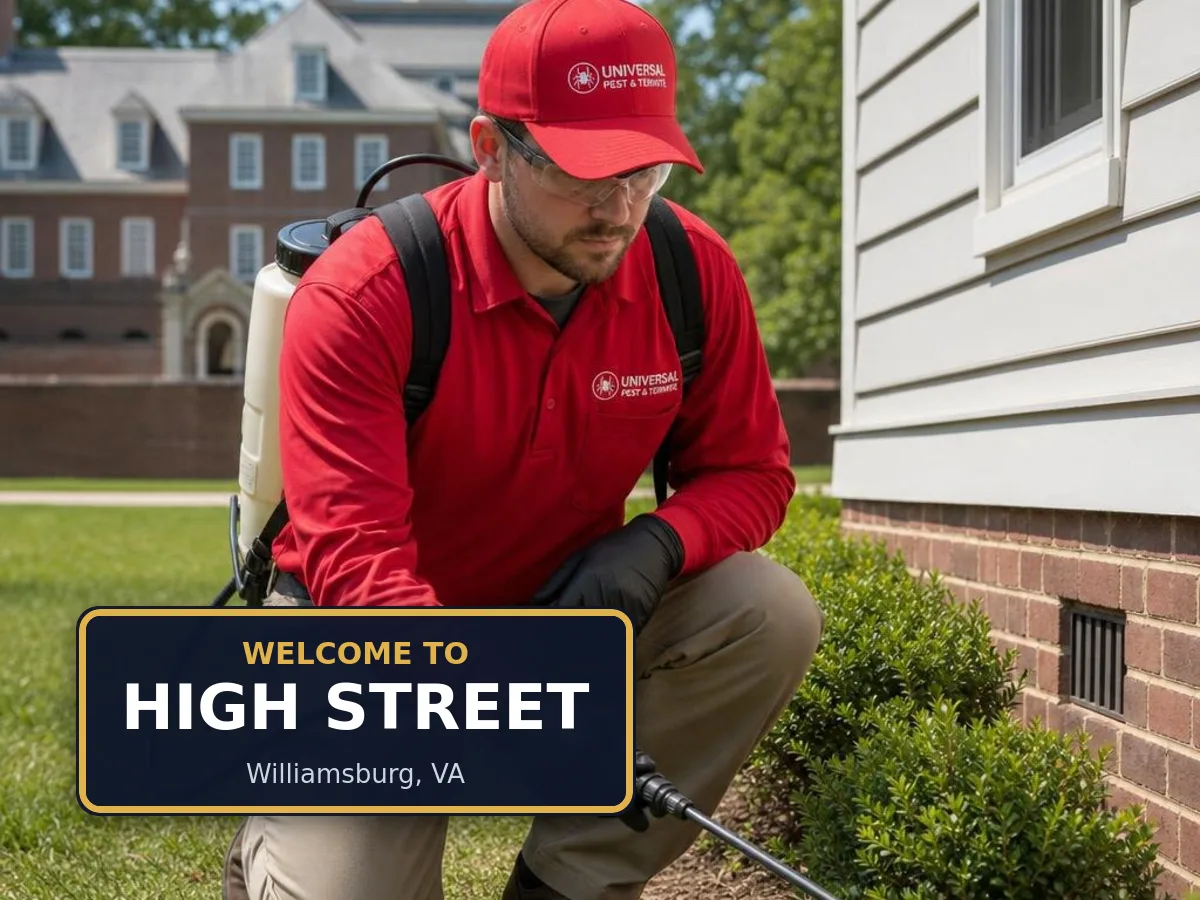 Universal Pest & Termite technician treating a home in High Street, Williamsburg, VA, beside a "Welcome to High Street" sign