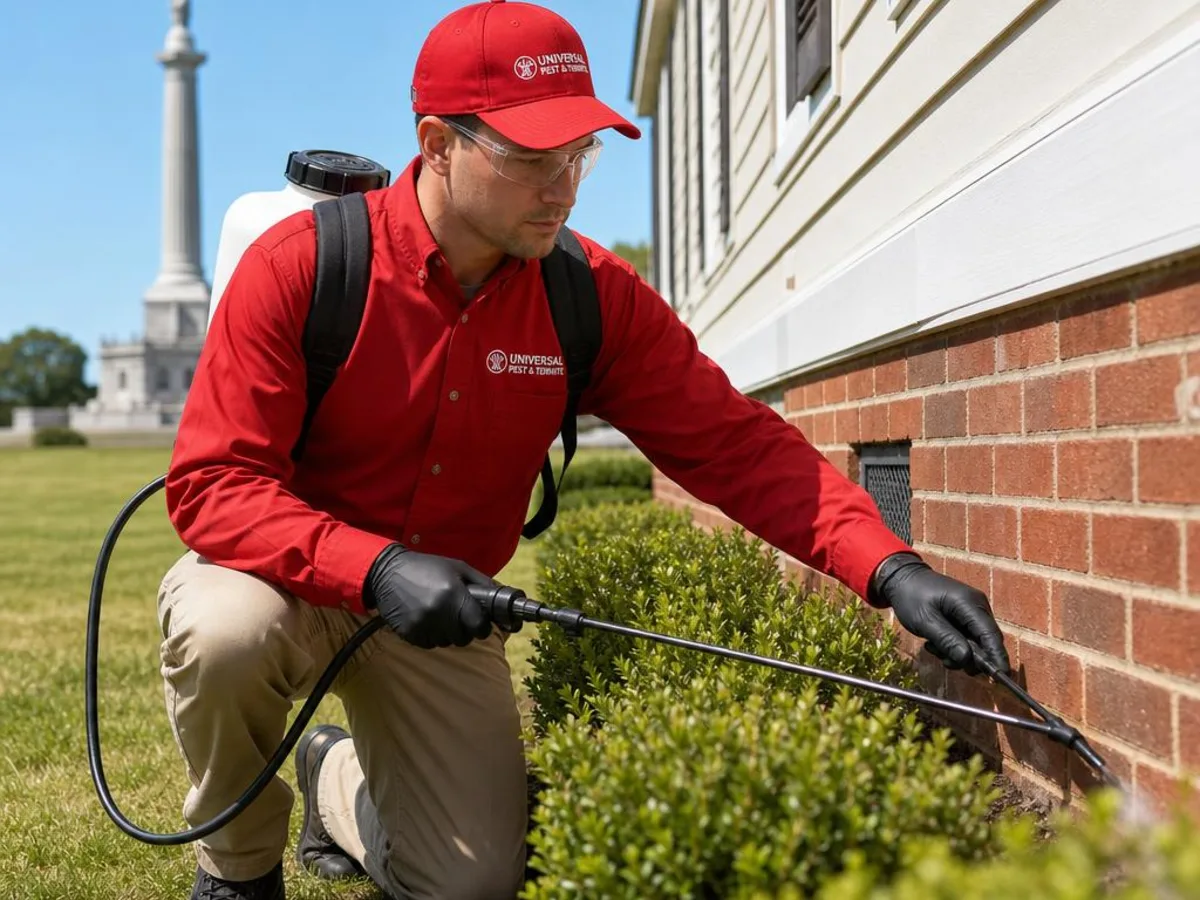 Universal Pest & Termite technician treating a home in Historic Yorktown, Yorktown, VA, with the Yorktown Victory Monument in the background