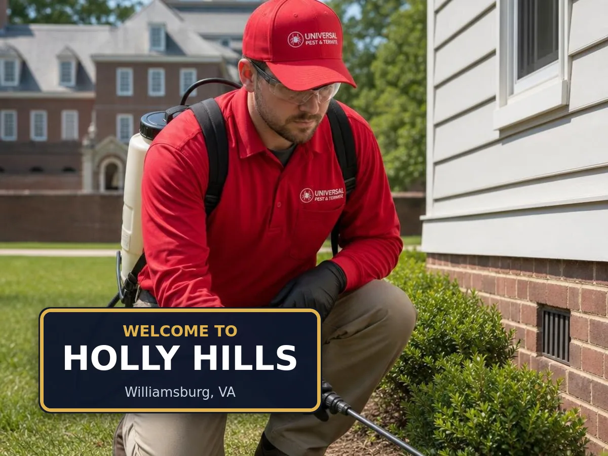 Universal Pest & Termite technician treating a home in Holly Hills, Williamsburg, VA, beside a "Welcome to Holly Hills" sign