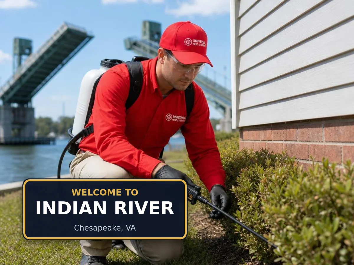 Universal Pest & Termite technician treating a home in Indian River, Chesapeake, VA, beside a "Welcome to Indian River" sign