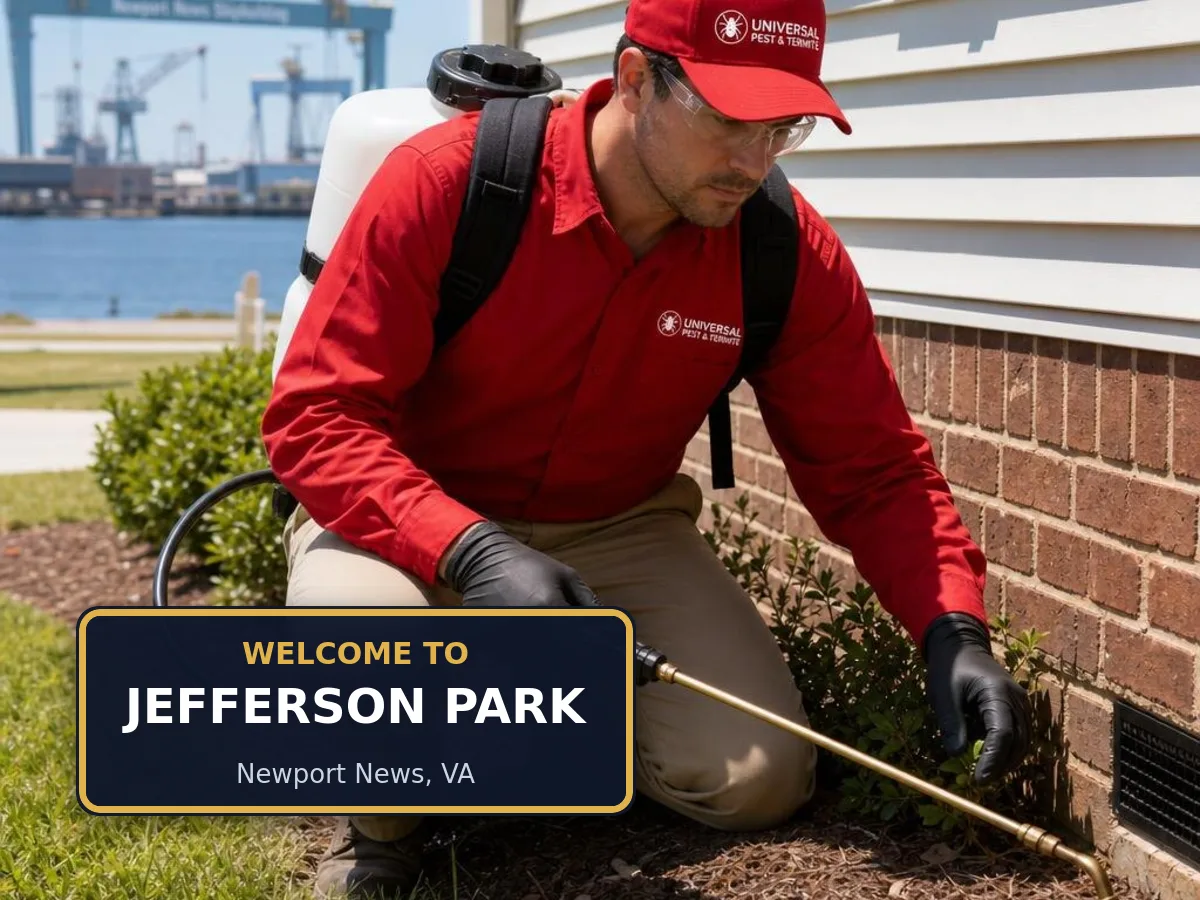 Universal Pest & Termite technician treating a home in Jefferson Park, Newport News, VA, beside a "Welcome to Jefferson Park" sign