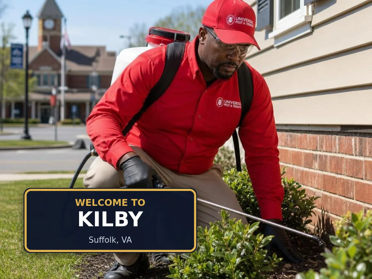 Universal Pest & Termite technician treating a home in Kilby, Suffolk, VA, beside a "Welcome to Kilby" sign