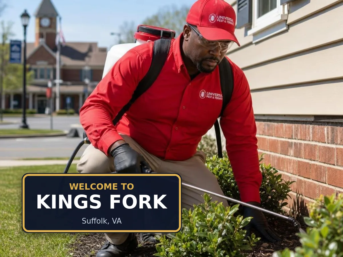 Universal Pest & Termite technician treating a home in Kings Fork, Suffolk, VA, beside a "Welcome to Kings Fork" sign