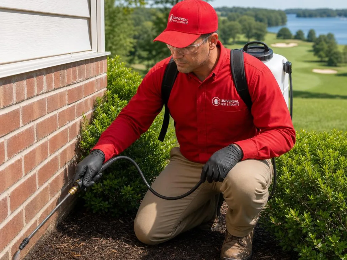 Universal Pest & Termite technician treating a home in Kingsmill, Williamsburg, VA, with the Kingsmill golf resort on the James River in the background