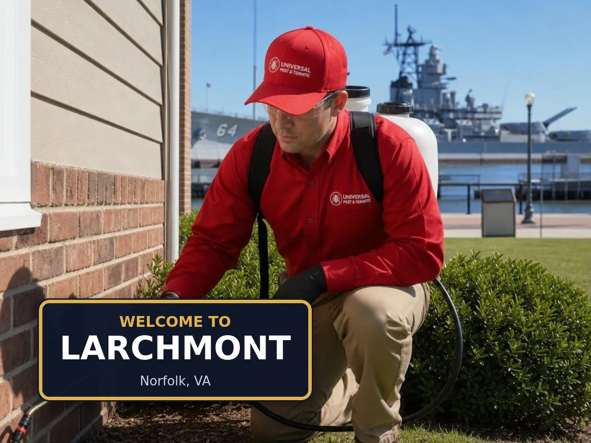 Universal Pest & Termite technician treating a home in the Larchmont neighborhood of Norfolk, VA