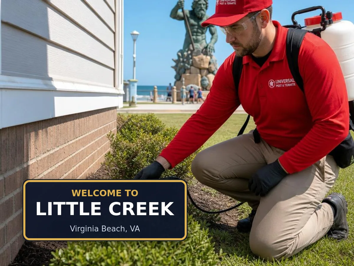 Universal Pest & Termite technician treating a home in Little Creek, Virginia Beach, VA, beside a "Welcome to Little Creek" sign