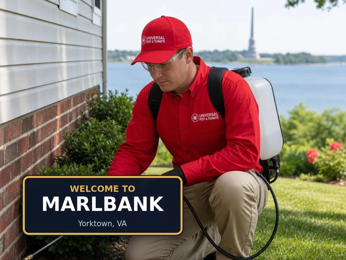 Universal Pest & Termite technician treating a home in the Marlbank neighborhood of Yorktown, VA