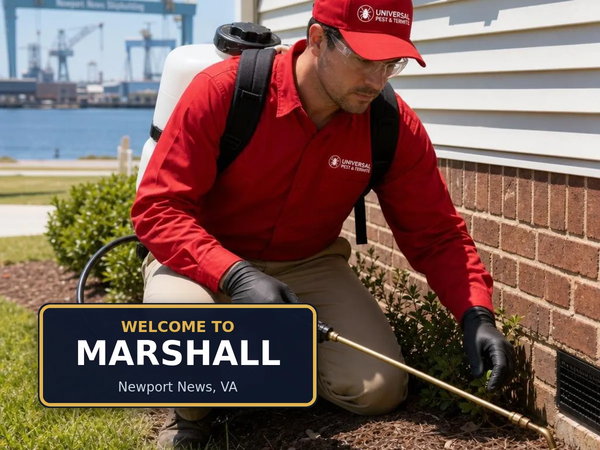 Universal Pest & Termite technician treating a home in Marshall, Newport News, VA, beside a "Welcome to Marshall" sign