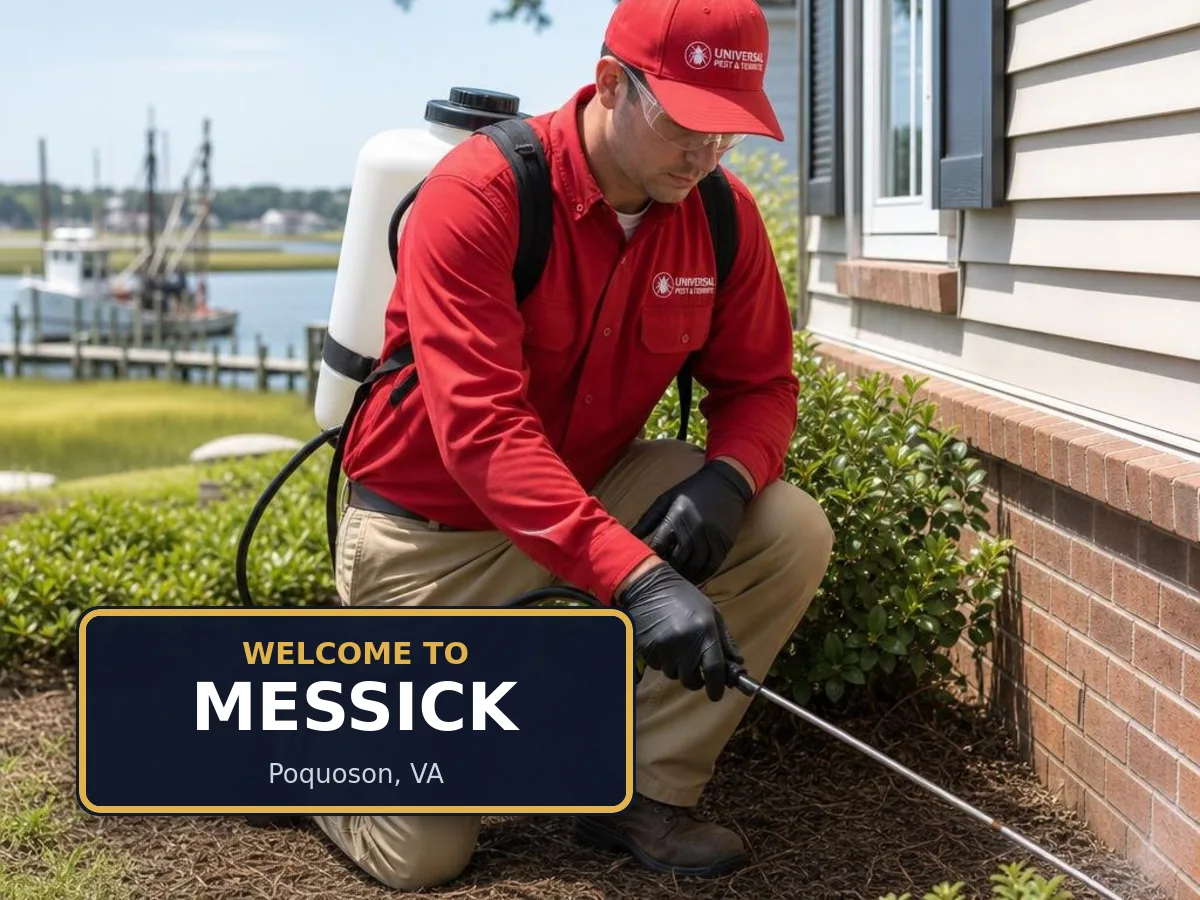 Universal Pest & Termite technician treating a home in the Messick neighborhood of Poquoson, VA