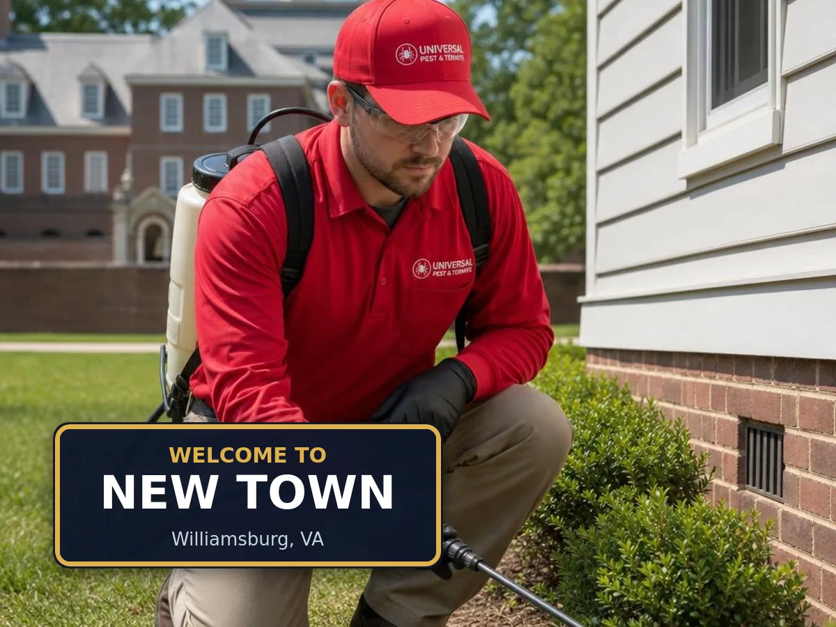 Universal Pest & Termite technician treating a home in the New Town neighborhood of Williamsburg, VA