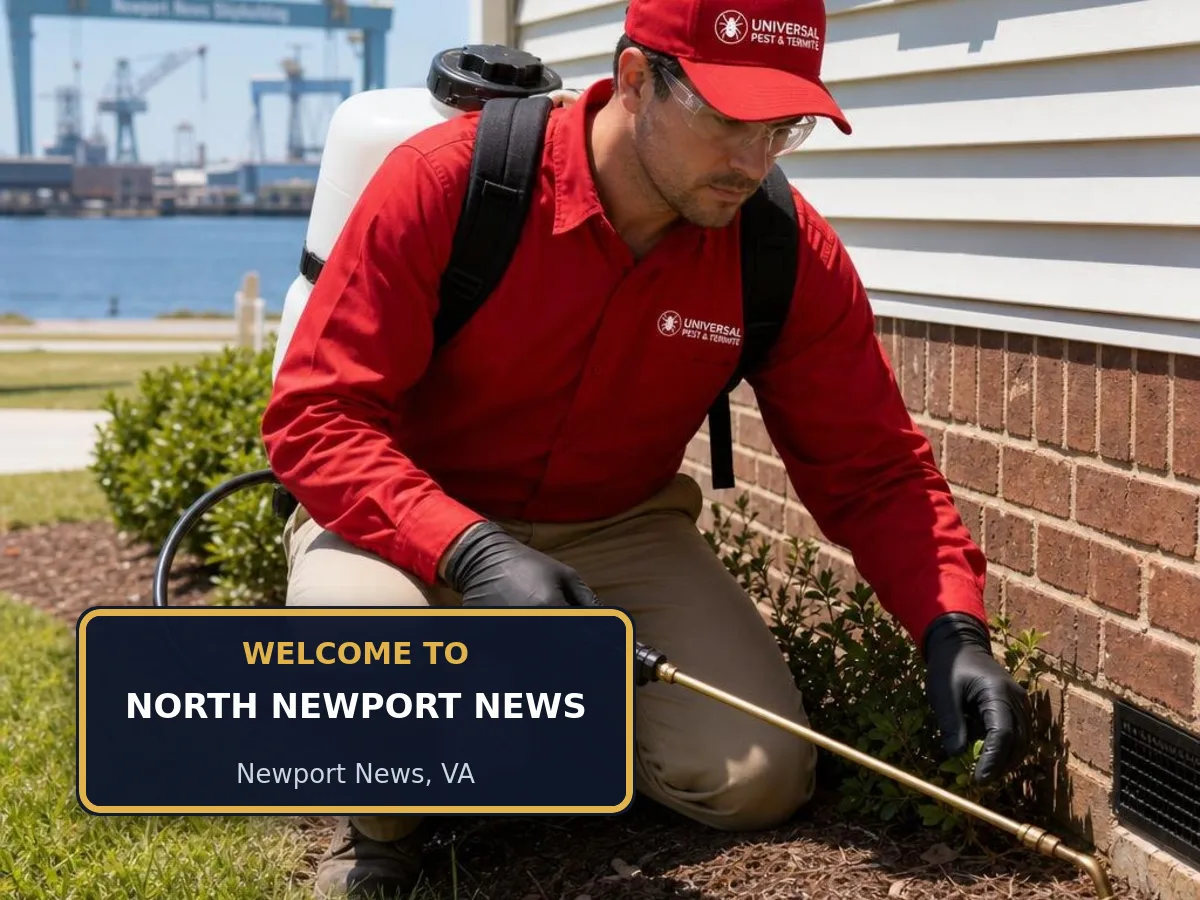 Universal Pest & Termite technician treating a home in North Newport News, Newport News, VA, beside a "Welcome to North Newport News" sign