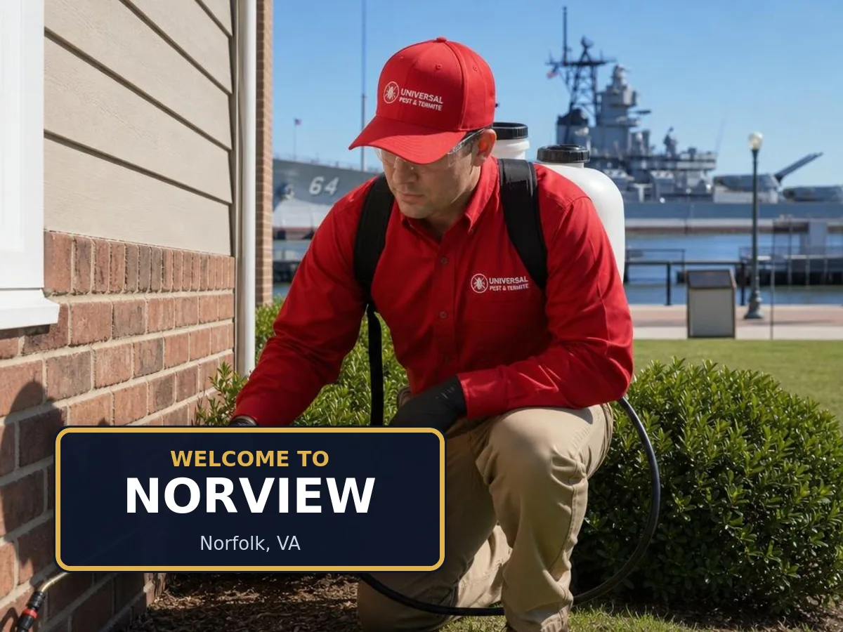 Universal Pest & Termite technician treating a home in Norview, Norfolk, VA, beside a "Welcome to Norview" sign