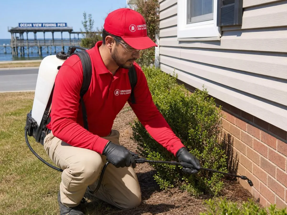 Universal Pest & Termite technician treating a home in Ocean View, Norfolk, VA, with the Ocean View fishing pier on the Chesapeake Bay in the background