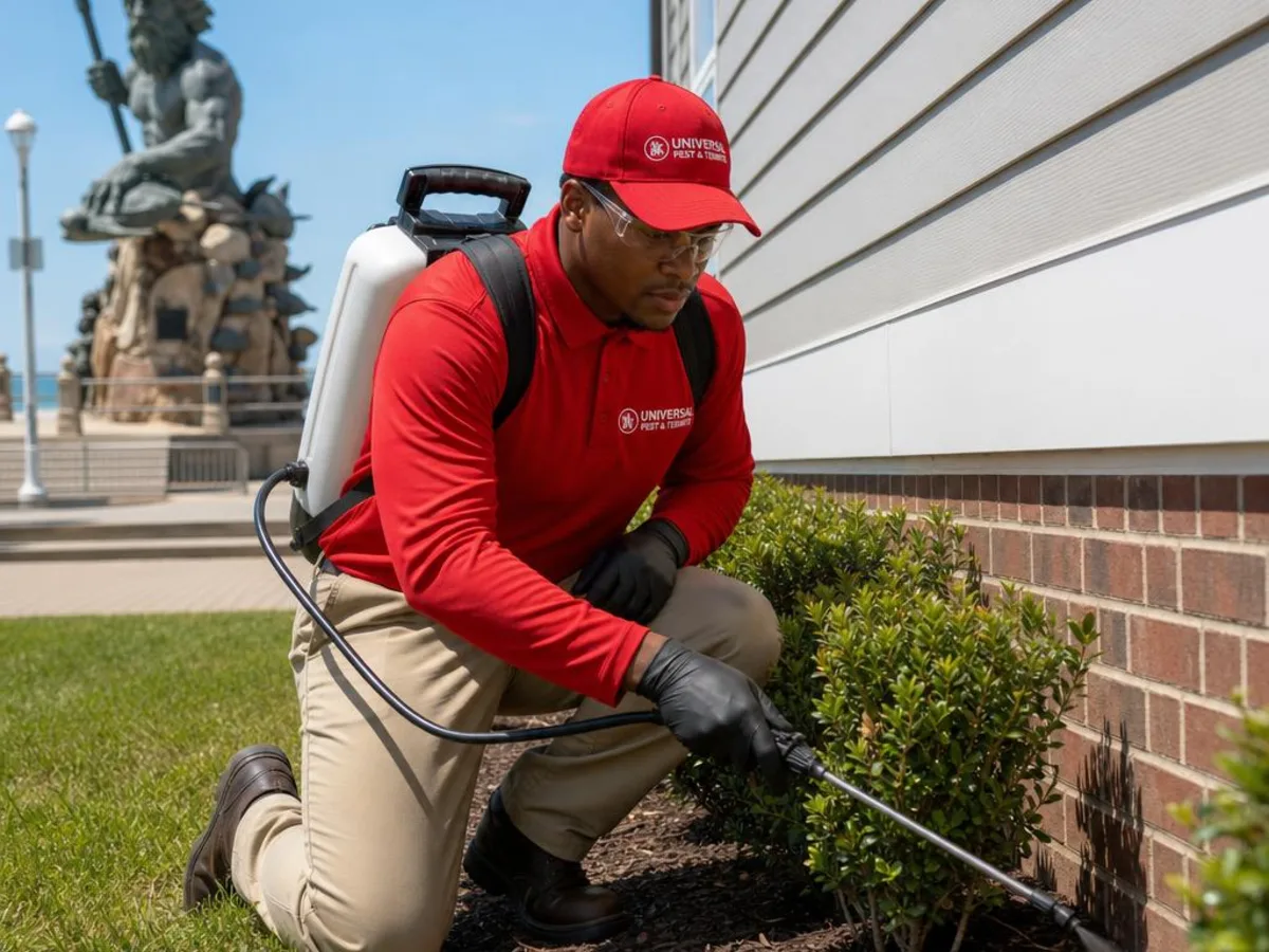 Universal Pest & Termite technician treating a home in Oceanfront, Virginia Beach, VA, with the Virginia Beach oceanfront boardwalk and King Neptune statue in the background