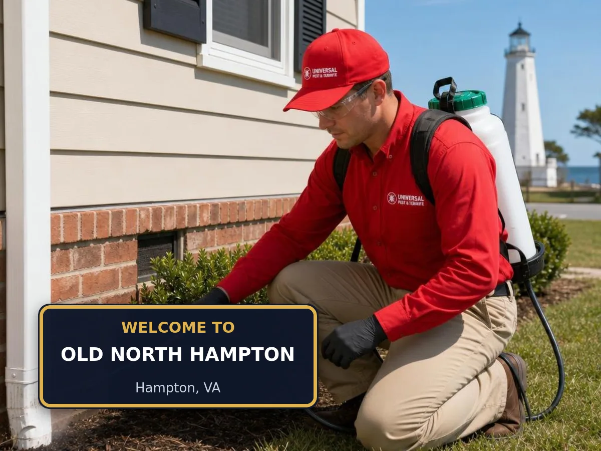 Universal Pest & Termite technician treating a home in Old North Hampton, Hampton, VA, beside a "Welcome to Old North Hampton" sign
