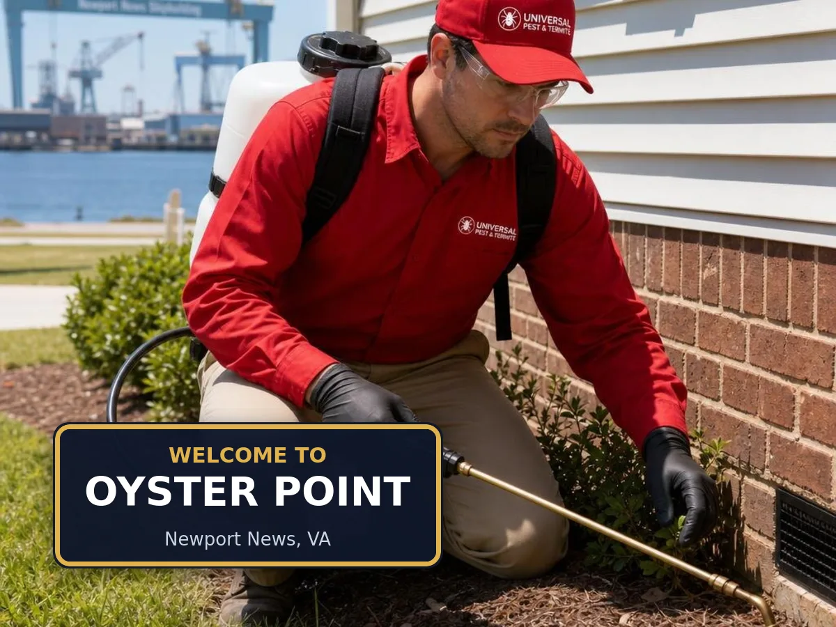 Universal Pest & Termite technician treating a home in Oyster Point, Newport News, VA, beside a "Welcome to Oyster Point" sign