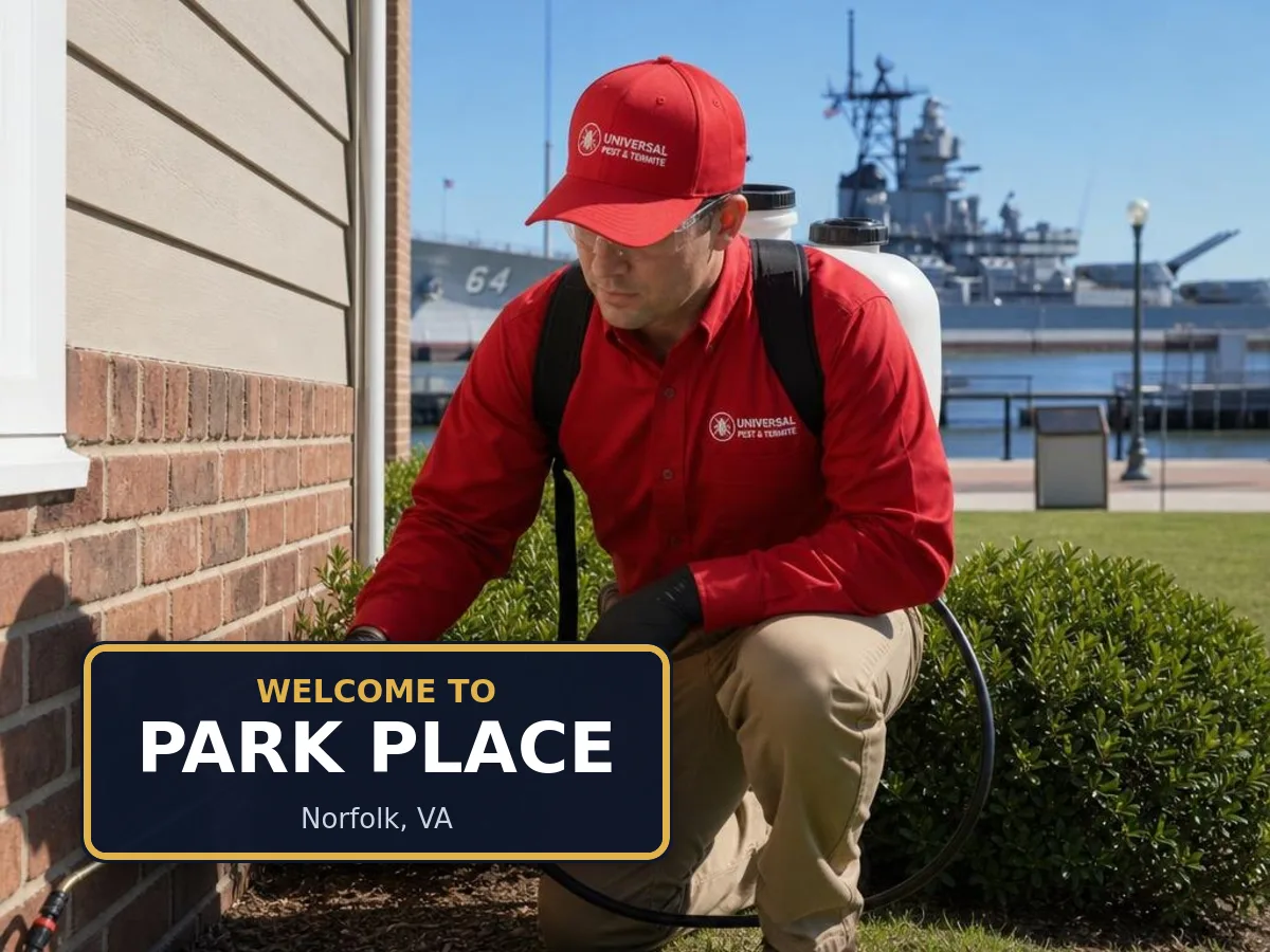 Universal Pest & Termite technician treating a home in Park Place, Norfolk, VA, beside a "Welcome to Park Place" sign