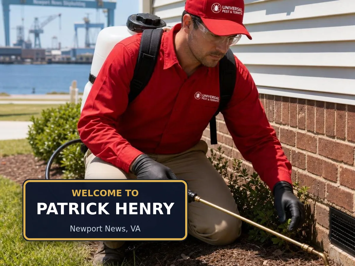 Universal Pest & Termite technician treating a home in Patrick Henry, Newport News, VA, beside a "Welcome to Patrick Henry" sign