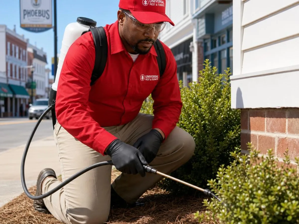Universal Pest & Termite technician treating a home in Phoebus, Hampton, VA, with the historic Phoebus main street storefronts in the background