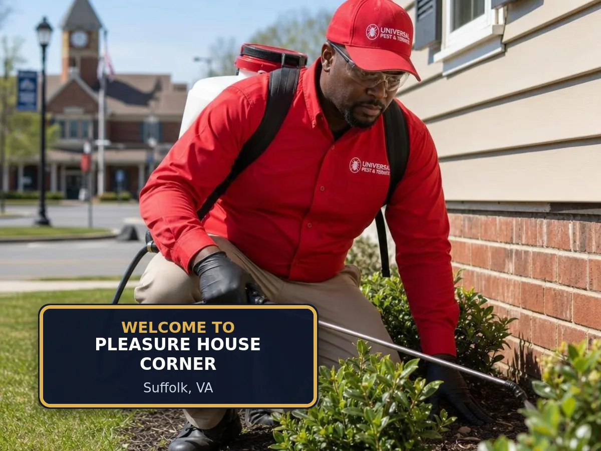 Universal Pest & Termite technician treating a home in Pleasure House Corner, Suffolk, VA, beside a "Welcome to Pleasure House Corner" sign