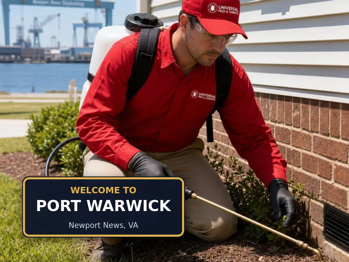Universal Pest & Termite technician treating a home in Port Warwick, Newport News, VA, beside a "Welcome to Port Warwick" sign