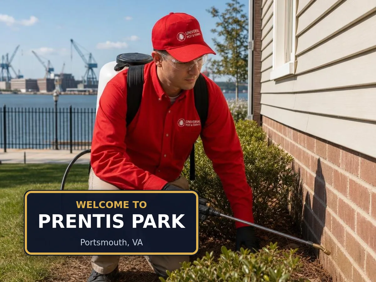 Universal Pest & Termite technician treating a home in Prentis Park, Portsmouth, VA, beside a "Welcome to Prentis Park" sign