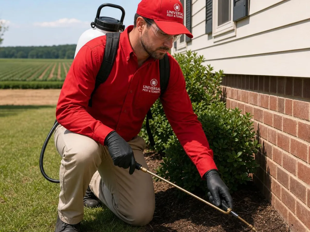 Universal Pest & Termite technician treating a home in Pungo, Virginia Beach, VA, with the strawberry farm fields of Pungo in the background