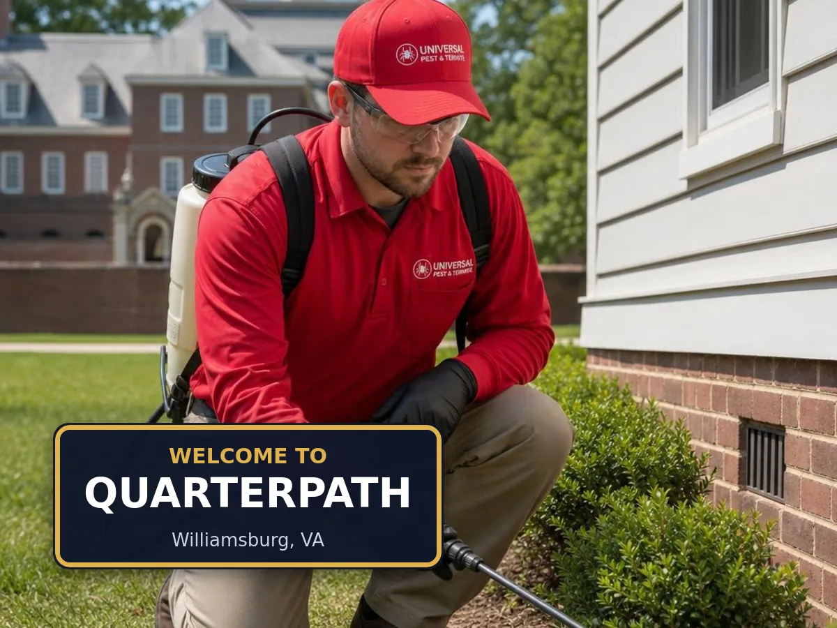 Universal Pest & Termite technician treating a home in Quarterpath, Williamsburg, VA, beside a "Welcome to Quarterpath" sign