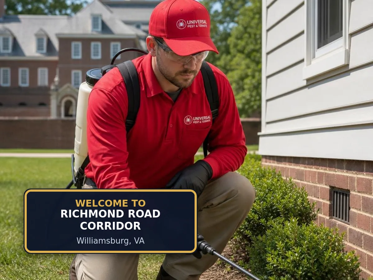Universal Pest & Termite technician treating a home in Richmond Road Corridor, Williamsburg, VA, beside a "Welcome to Richmond Road Corridor" sign