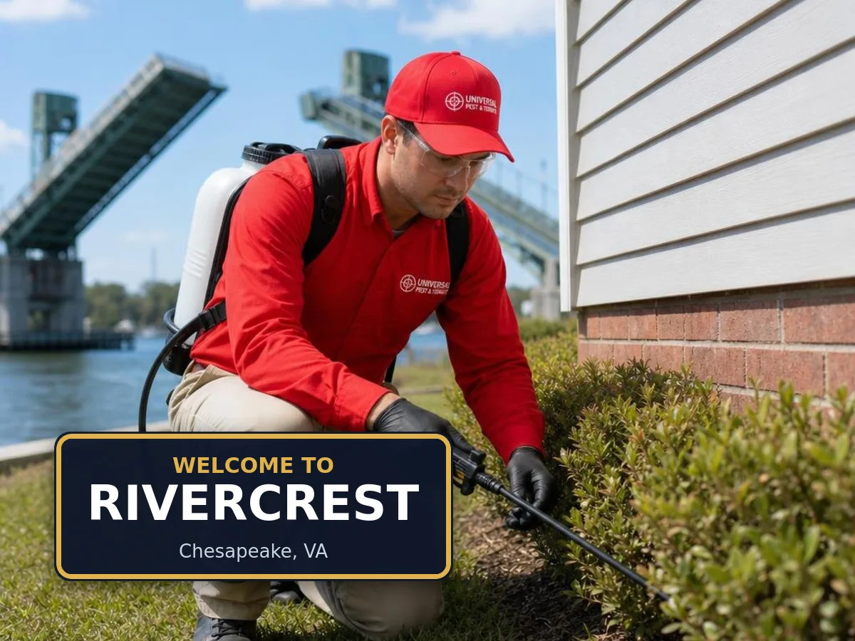 Universal Pest & Termite technician treating a home in Rivercrest, Chesapeake, VA, beside a "Welcome to Rivercrest" sign