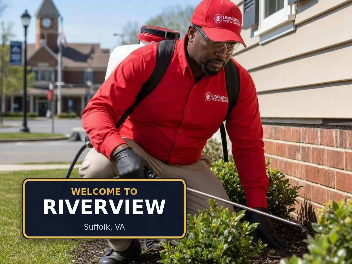 Universal Pest & Termite technician treating a home in Riverview, Suffolk, VA, beside a "Welcome to Riverview" sign