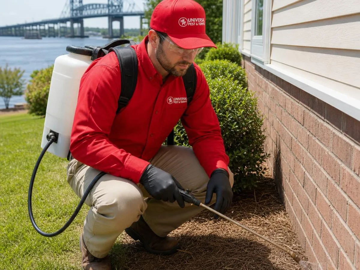 Universal Pest & Termite technician treating a home in South Norfolk, Chesapeake, VA, with the South Norfolk Jordan Bridge over the Elizabeth River in the background