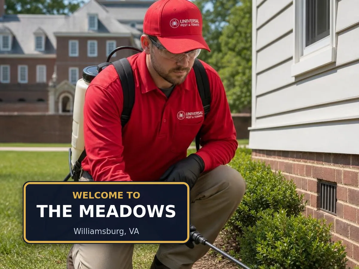Universal Pest & Termite technician treating a home in The Meadows, Williamsburg, VA, beside a "Welcome to The Meadows" sign
