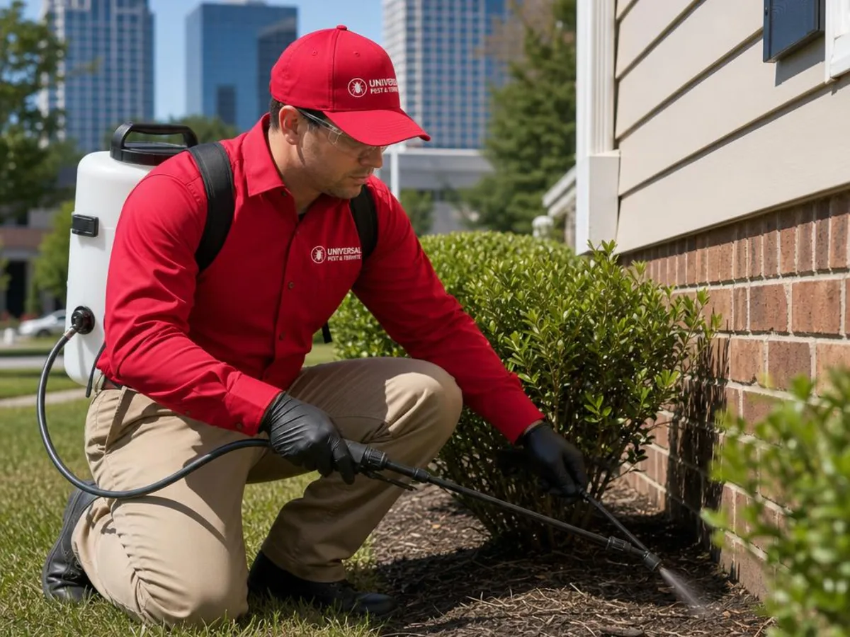 Universal Pest & Termite technician treating a home in Town Center, Virginia Beach, VA, with the Virginia Beach Town Center high-rises in the background