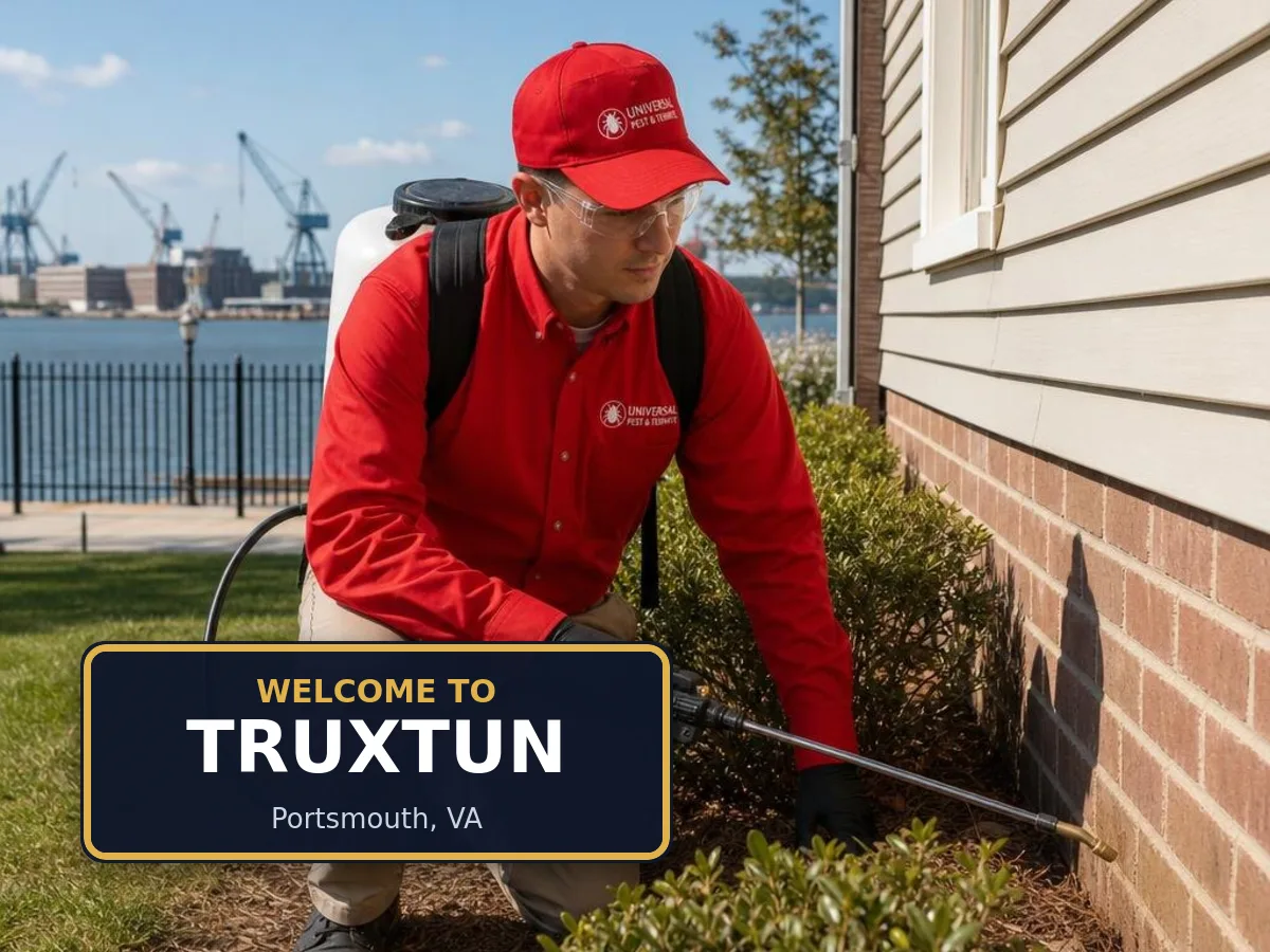 Universal Pest & Termite technician treating a home in Truxtun, Portsmouth, VA, beside a "Welcome to Truxtun" sign