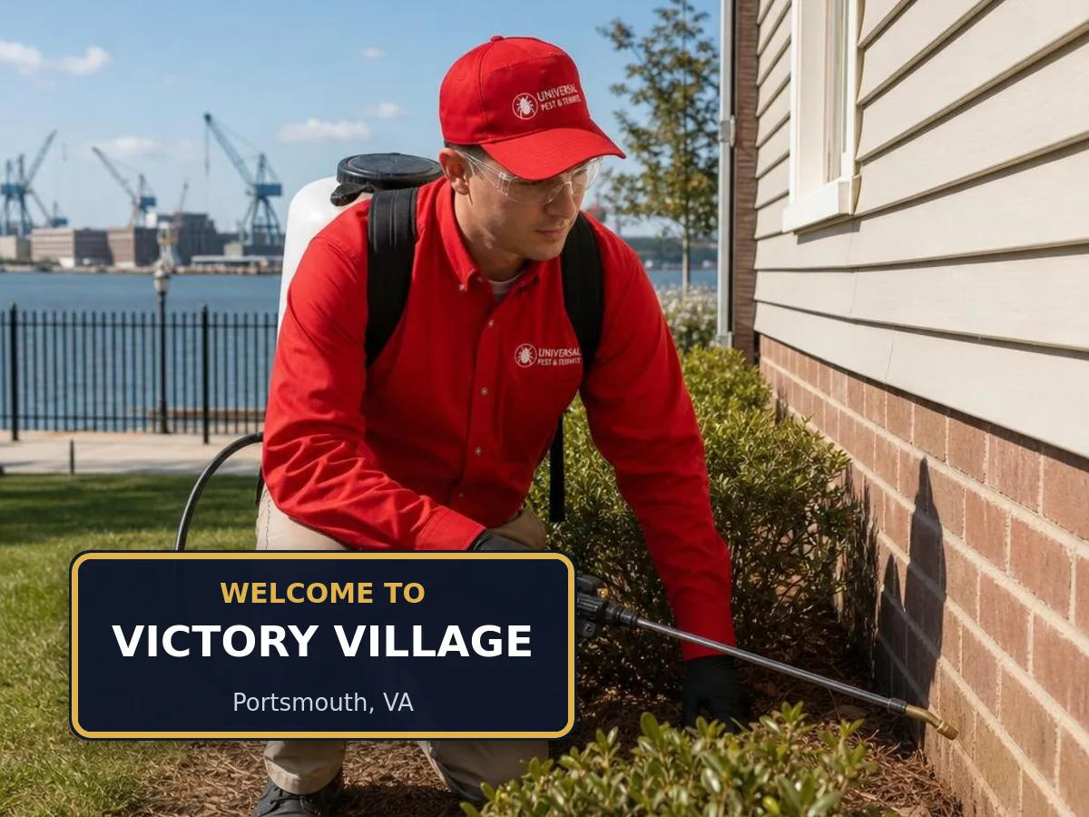 Universal Pest & Termite technician treating a home in Victory Village, Portsmouth, VA, beside a "Welcome to Victory Village" sign