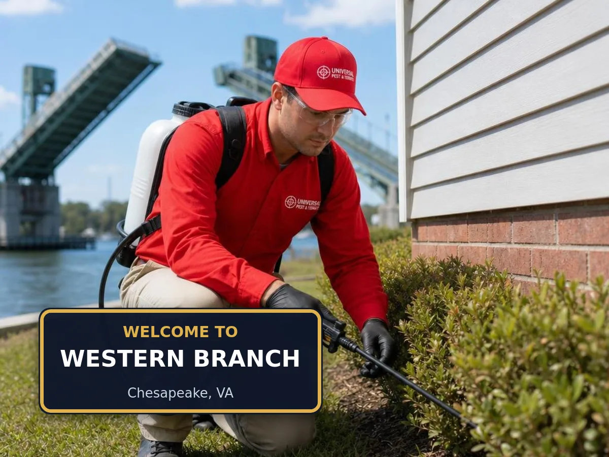 Universal Pest & Termite technician treating a home in the Western Branch neighborhood of Chesapeake, VA