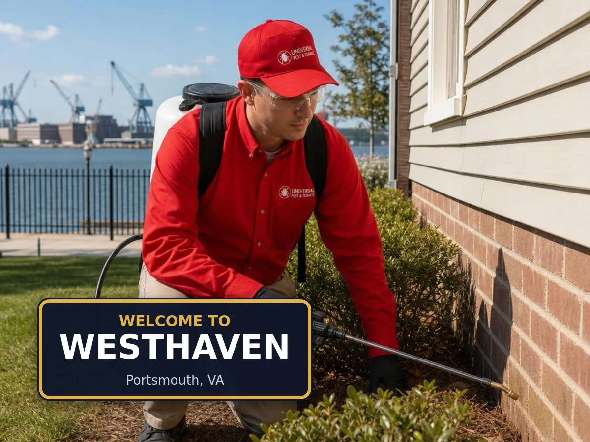 Universal Pest & Termite technician treating a home in the Westhaven neighborhood of Portsmouth, VA