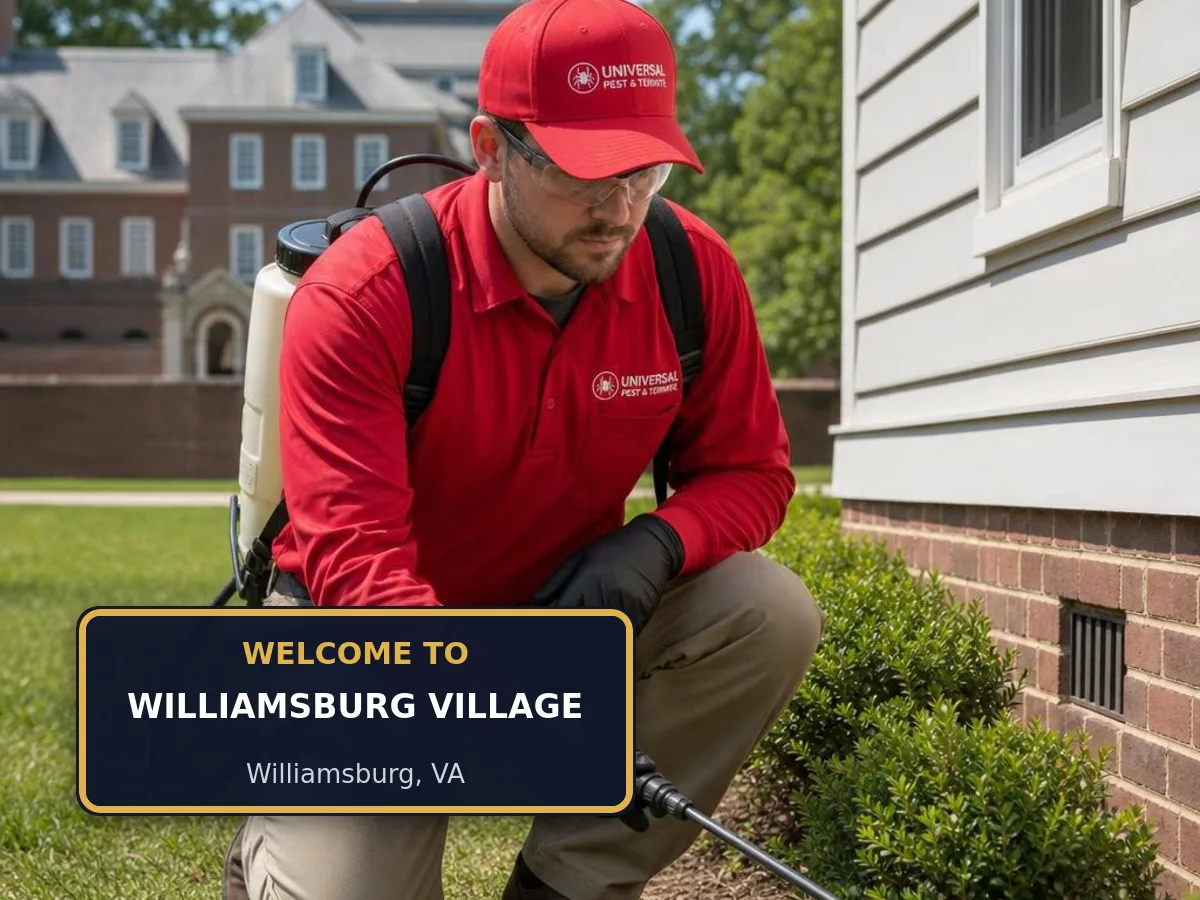 Universal Pest & Termite technician treating a home in Williamsburg Village, Williamsburg, VA, beside a "Welcome to Williamsburg Village" sign