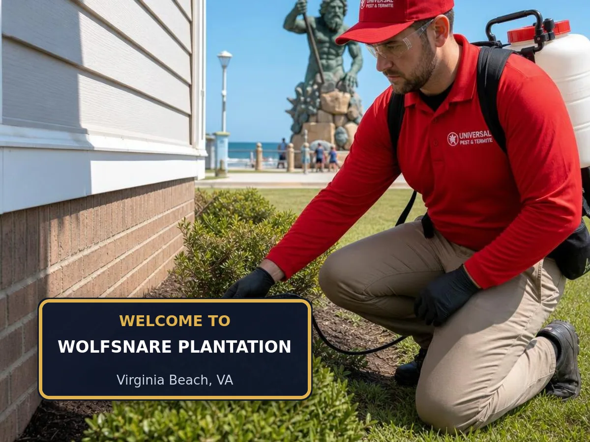 Universal Pest & Termite technician treating a home in Wolfsnare Plantation, Virginia Beach, VA, beside a "Welcome to Wolfsnare Plantation" sign