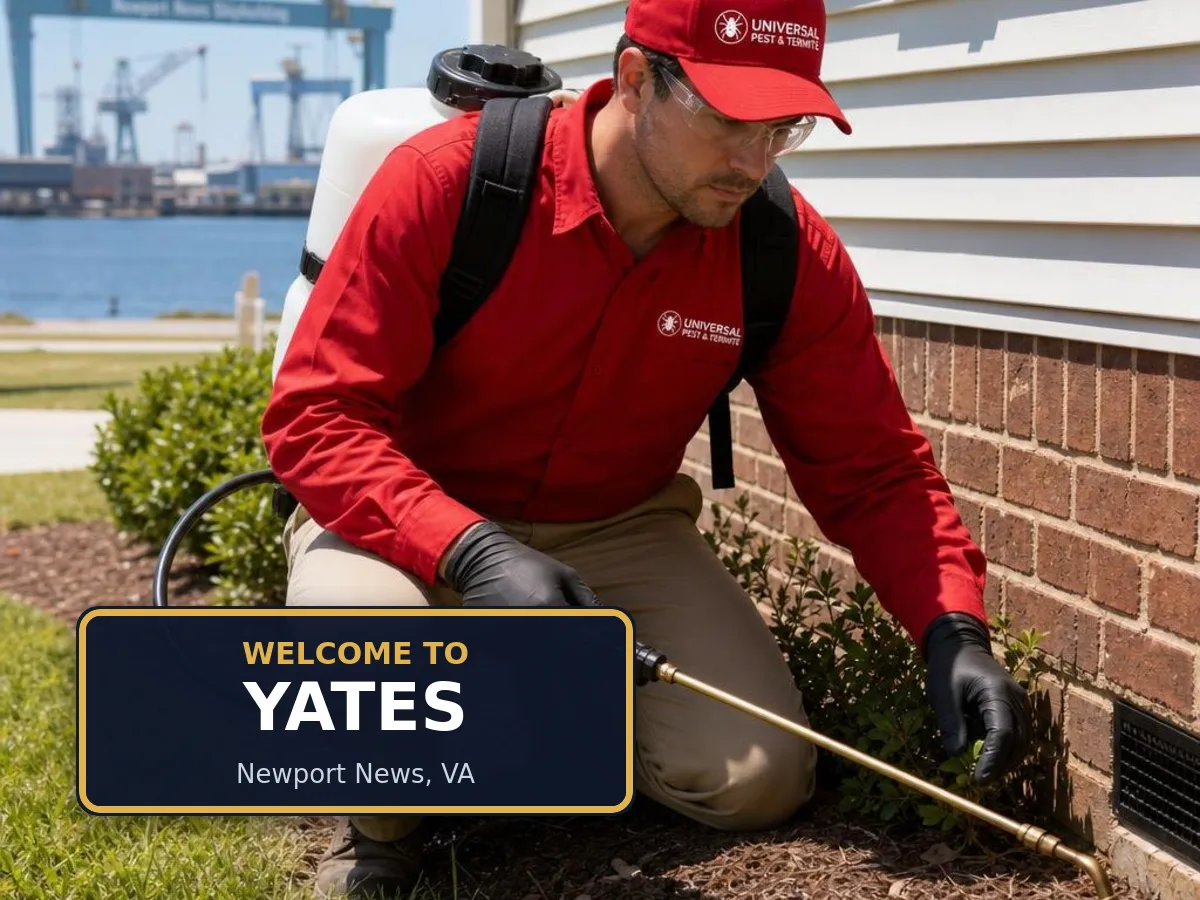Universal Pest & Termite technician treating a home in Yates, Newport News, VA, beside a "Welcome to Yates" sign
