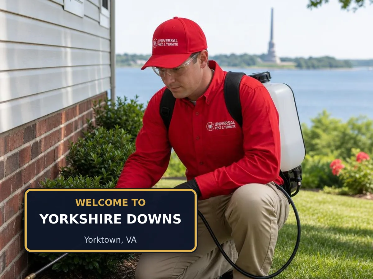 Universal Pest & Termite technician treating a home in the Yorkshire Downs neighborhood of Yorktown, VA