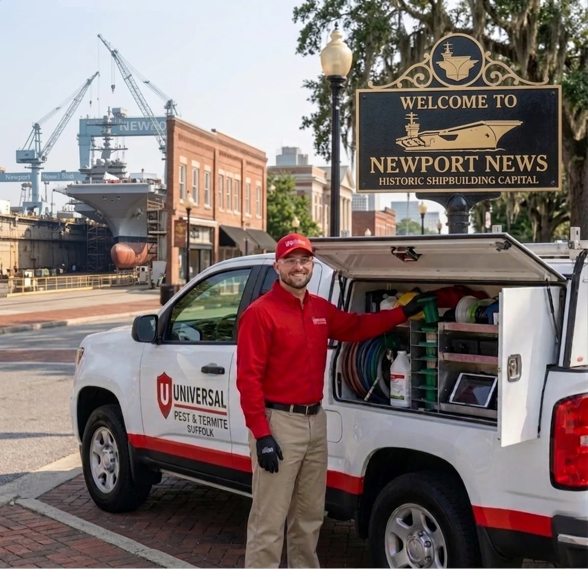 Smiling Universal Pest & Termite technician by the branded company service truck at the Welcome to Newport News, Historic Shipbuilding Capital sign, with the shipyard gantry cranes and an aircraft carrier behind him