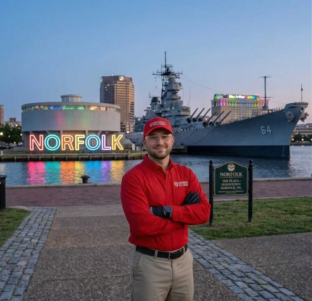 A Universal Pest & Termite technician in downtown Norfolk, VA, standing by the NORFOLK sign and the Battleship Wisconsin