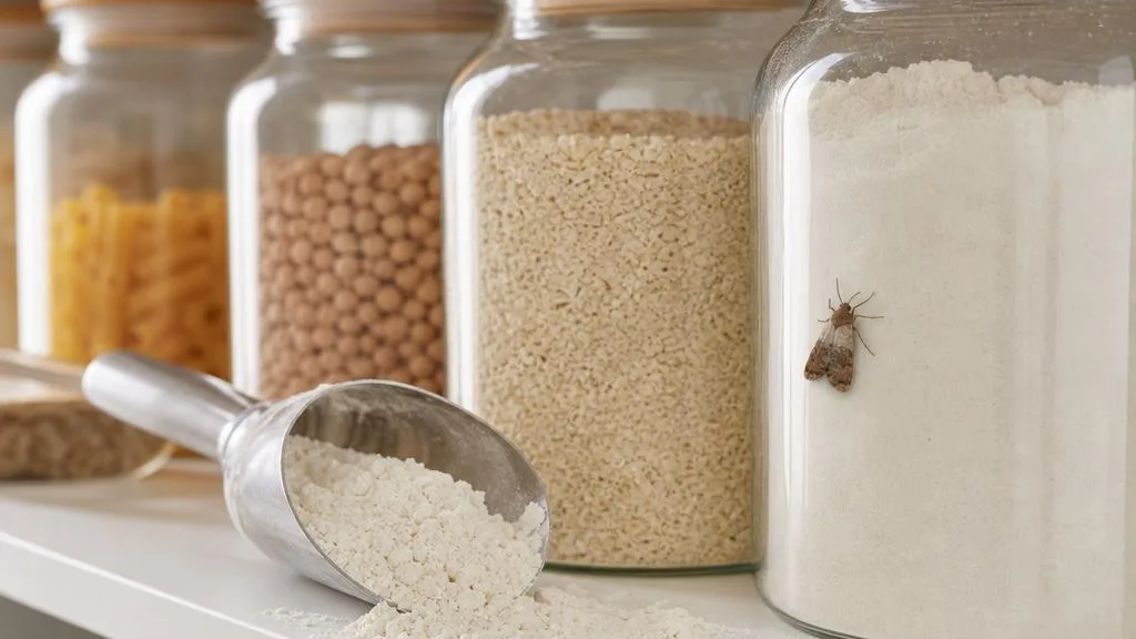 Pantry moths near flour on a kitchen pantry shelf treated by Universal Pest in Hampton Roads