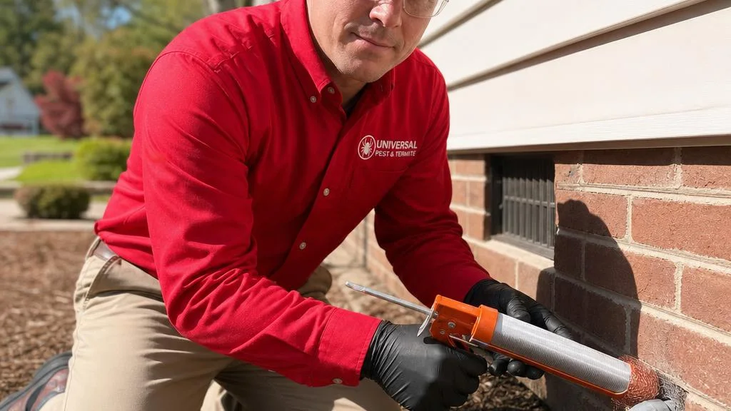 Universal Pest technician sealing a foundation gap during pest exclusion on a Hampton Roads home
