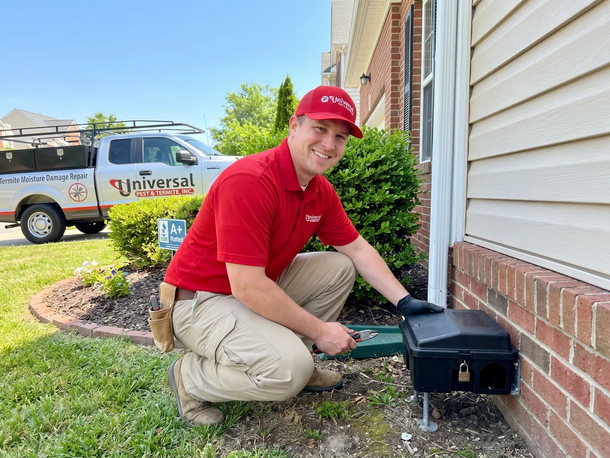 Smiling Universal Pest & Termite technician servicing a locked rodent bait station along the brick foundation of a home, with the branded company service truck parked behind him