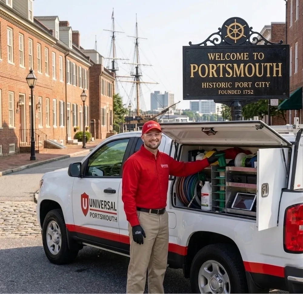 A Universal Pest & Termite technician with a stocked service truck by the Welcome to Portsmouth, Historic Port City sign in Olde Towne Portsmouth, VA