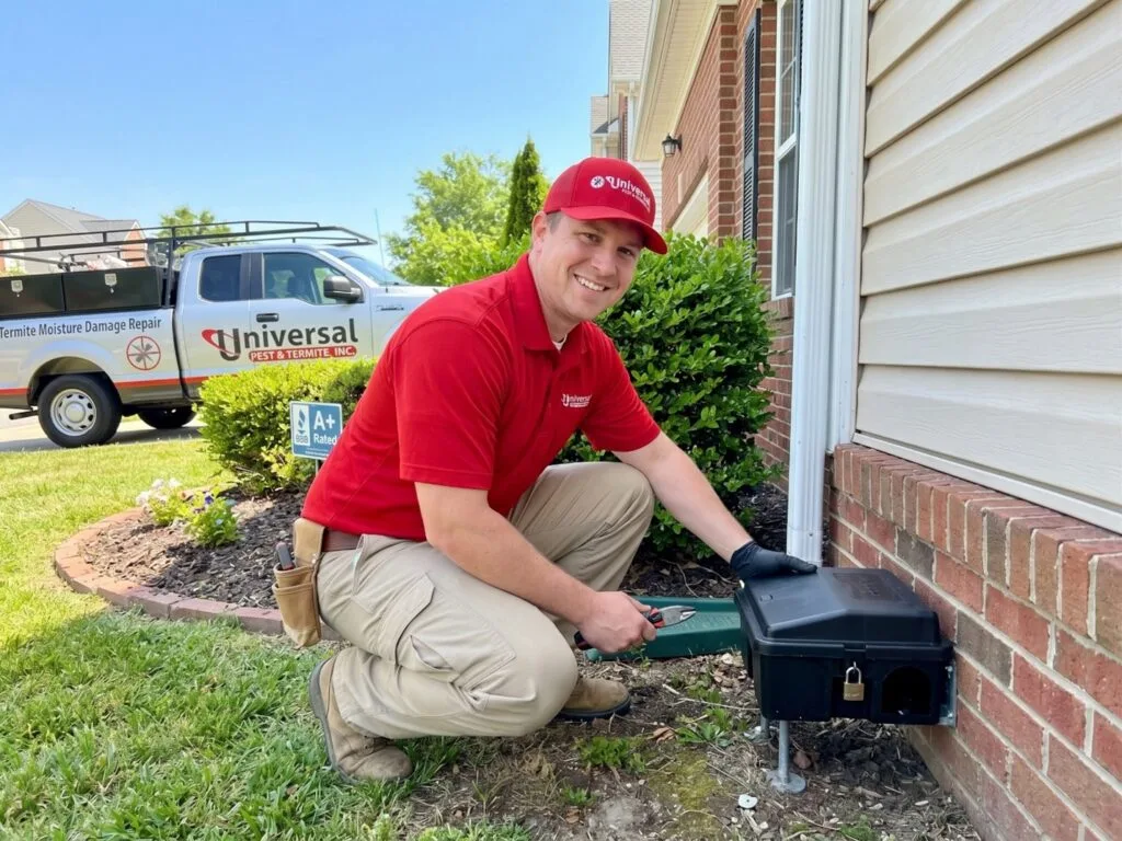 Universal Pest technician sealing rodent entry points on a Hampton Roads home exterior